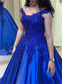 V Neck Royal Blue Satin Appliques Prom Dress Ball Gown LBQ3712